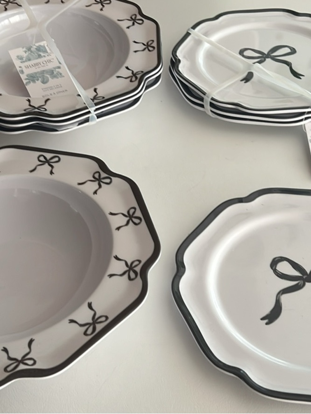 Shabby Chic White Dinnerware Set with Black Bow Trim